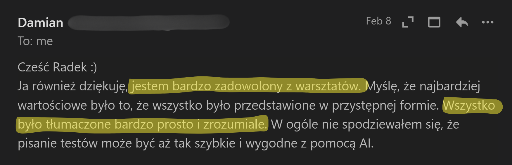 Opinia uczestnika warsztatu Playwright + AI - 1