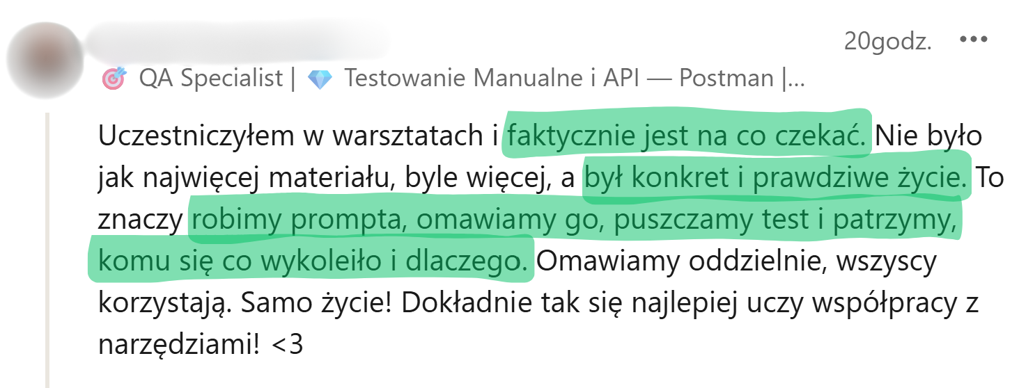 Opinia uczestnika warsztatu Playwright + AI - 4